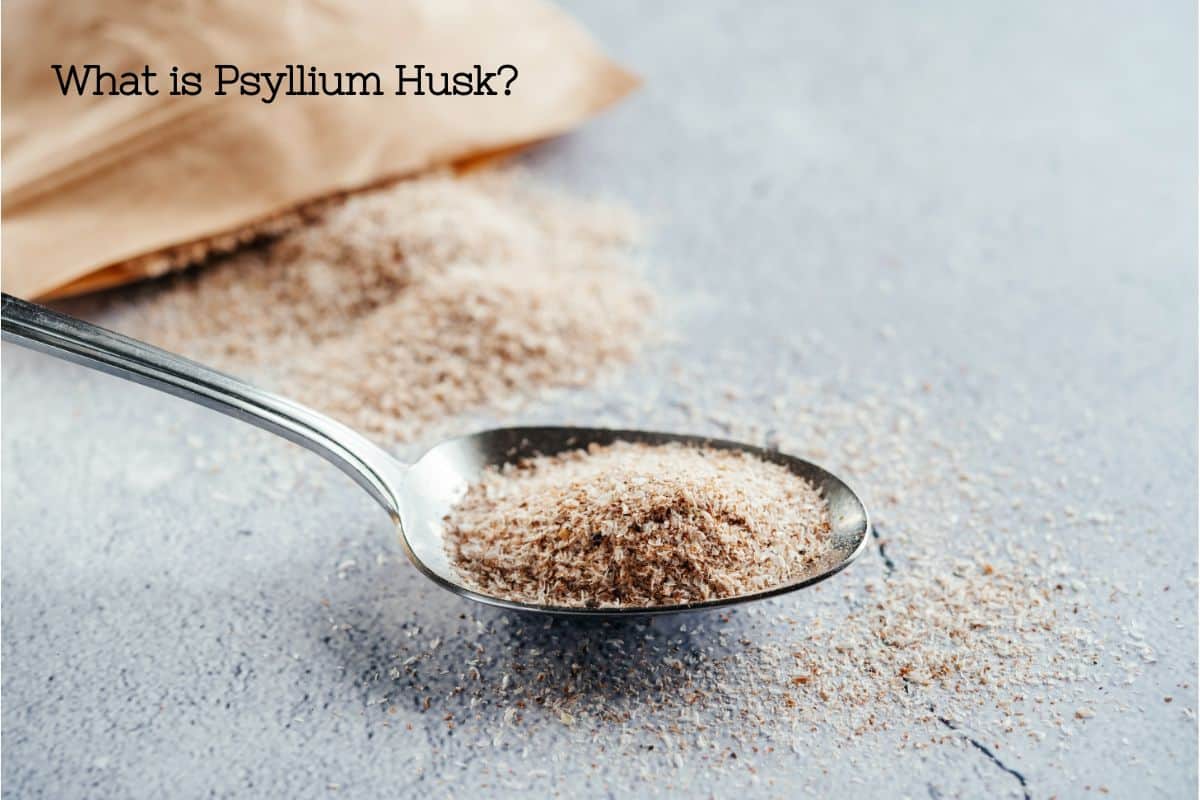 a brown bag of psyllium powder spilling out next to a silver spoon full of psyllium husk.