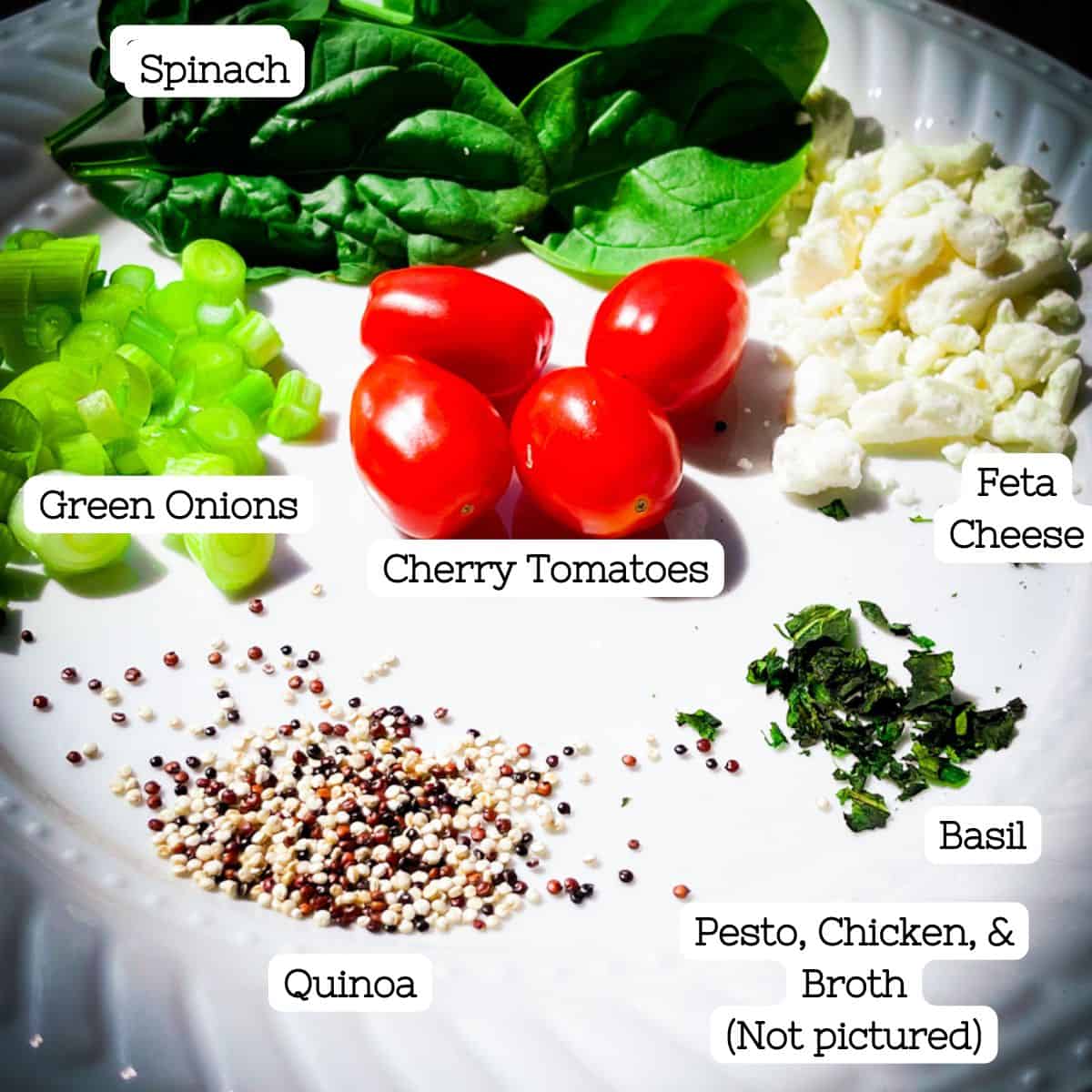 Dried quinoa, basil, feta cheese, cut green onions, cherry tomatoes, and raw baby spinach on a plate showcasing the ingredients for pesto chicken quinoa bowl.