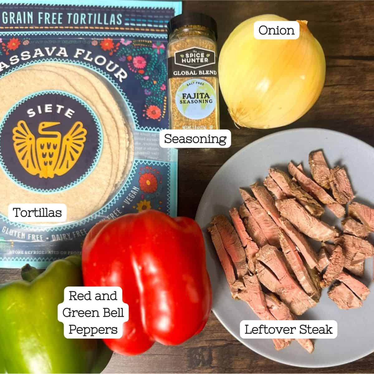 Ingredients laid out for leftover steak fajitas.