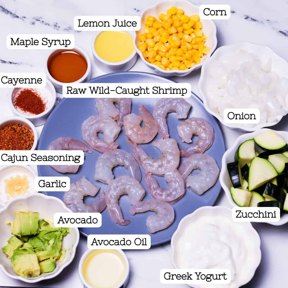 Ingredient spread for Cajun Shrimp Bowl with labels for each ingredient.