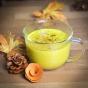 A fall styled photo of a garnished mug of a golden milk latte.