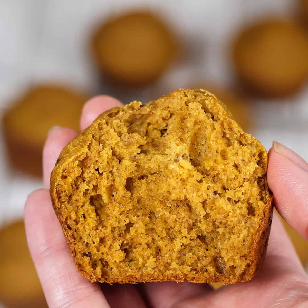 Half of a pumpkin banana bread muffin, displaying the moist and crumbly interior.