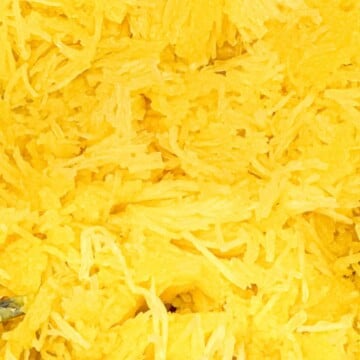 Cooked and trimmed spaghetti squash strands.