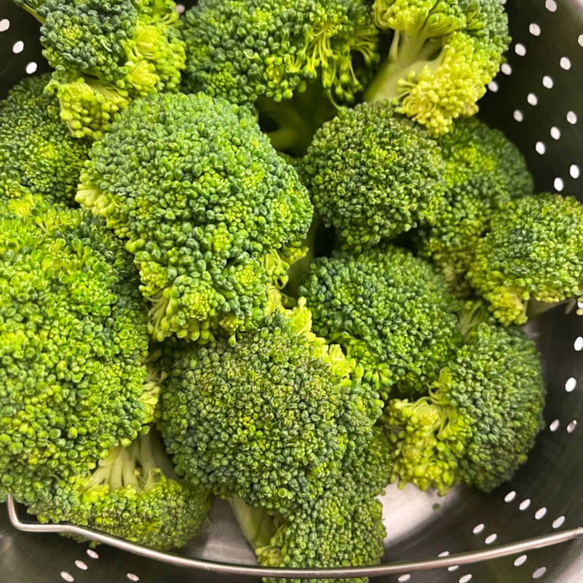Broccoli in a steamer basket ready to cook.