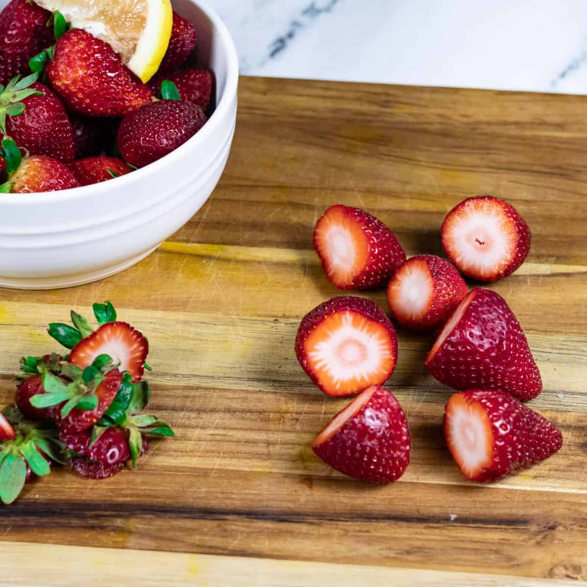 Strawberries with tops removed.